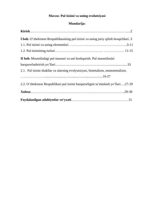 Pul tizimi va uning evolutsiyasi