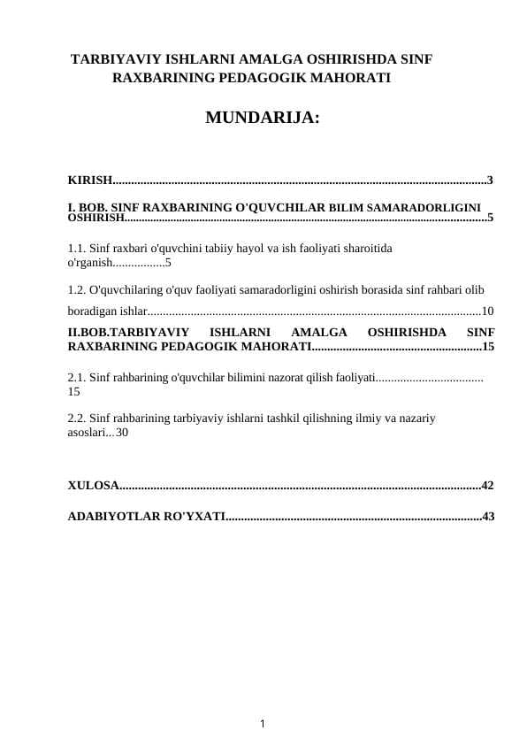 TARBIYAVIY ISHLARNI AMALGA OSHIRISHDA SINF RAXBARINING PEDAGOGIK MAHORATI