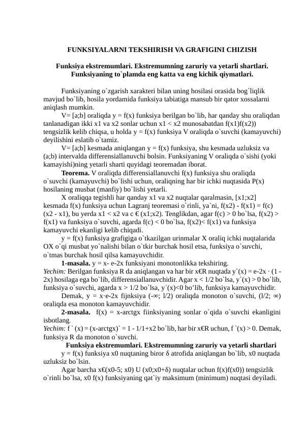FUNKSIYALARNI TEKSHIRISH VA GRAFIGINI CHIZISH
