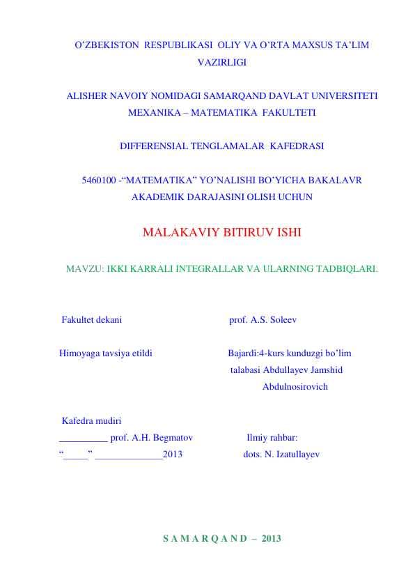IKKI KARRALI INTEGRALLAR VA ULARNING TATBIQLARI