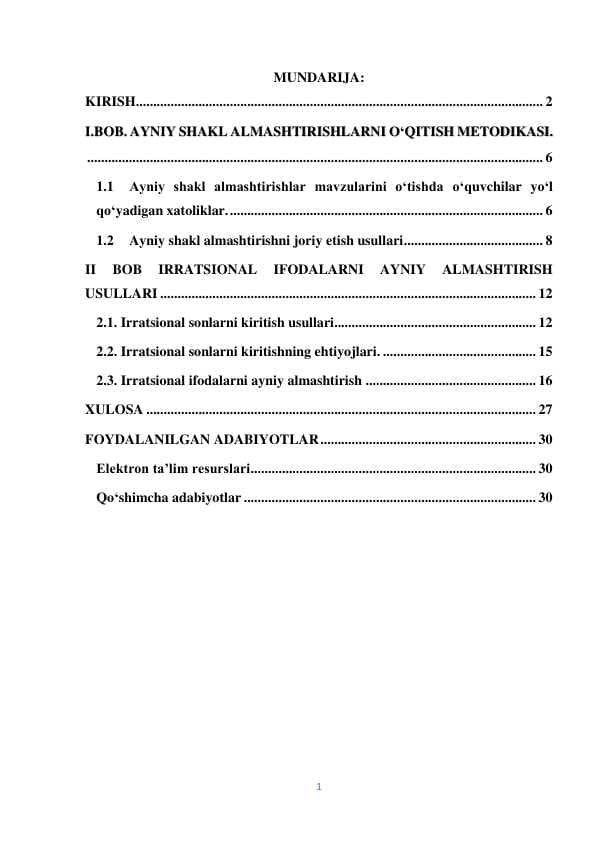 IRRATSIONAL IFODALARNI AYNIY ALMASHTIRISH METODLARI