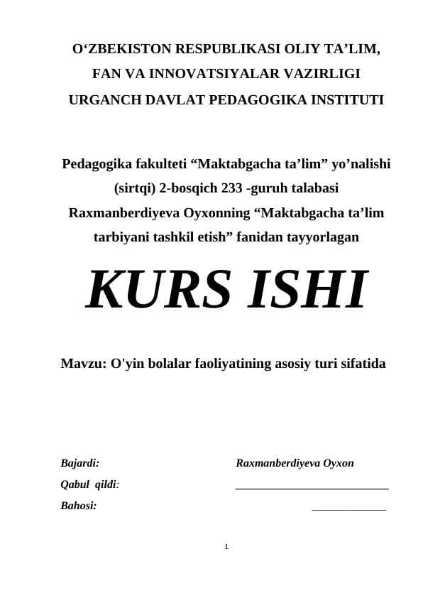 o'yin bolalar faoliyatining asosiy turi sifatida