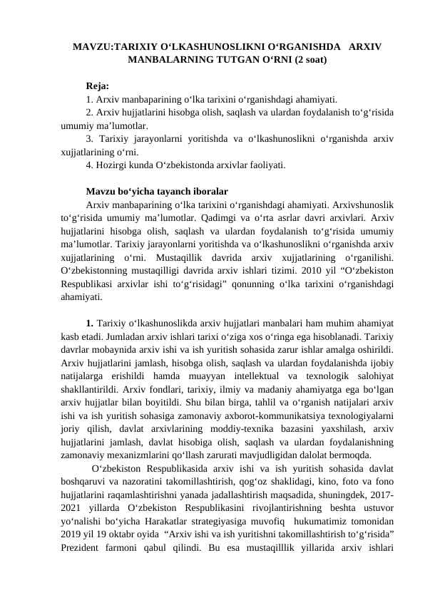 TARIXIY O‘LKASHUNOSLIKNI O‘RGANISHDA   ARXIV MANBALARNING TUTGAN O‘RNI