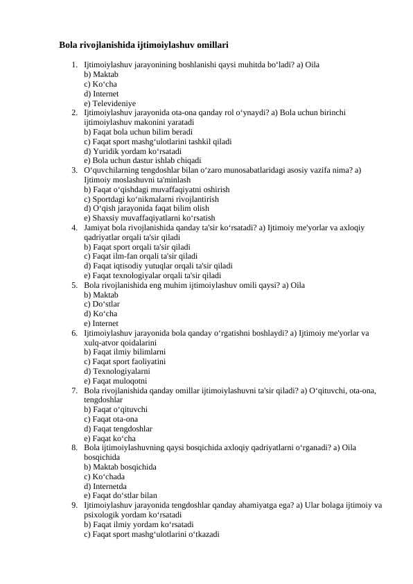 Bola rivojlanishida ijtimoiylashuv omillar