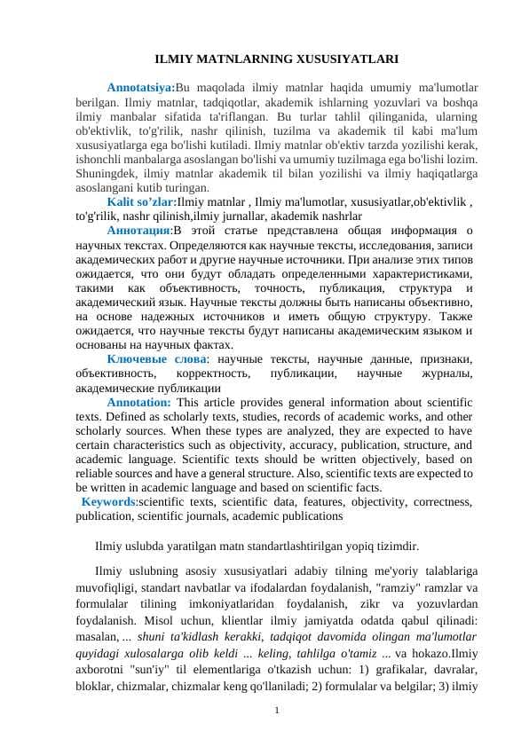 ILMIY MATNLARNING XUSUSIYATLARI