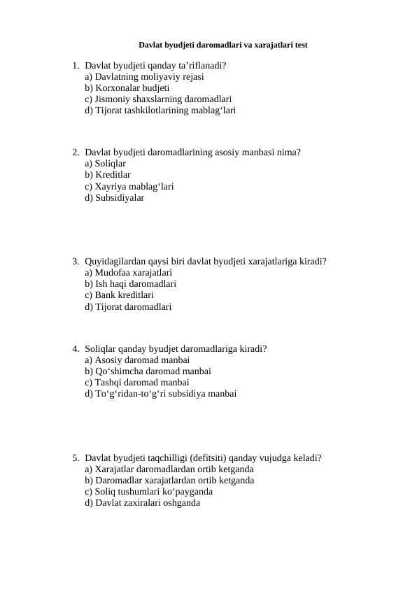 Davlat byudjeti daromadlari va xarajatlari test