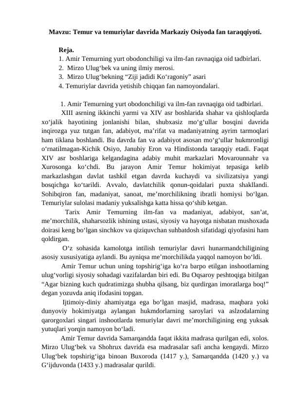 Temur va temuriylar davrida Markaziy Osiyoda fan taraqqiyoti