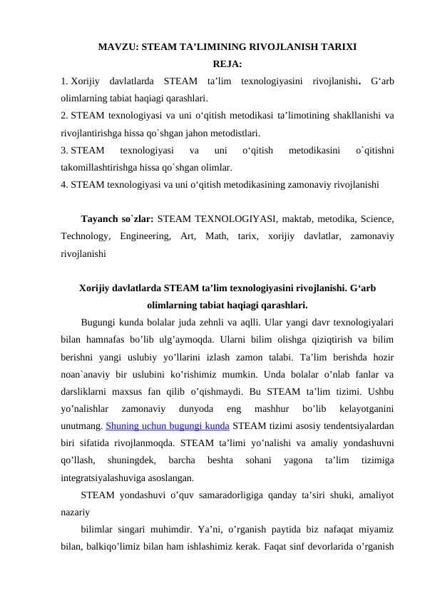 STEAM TA’LIMINING RIVOJLANISH TARIXI