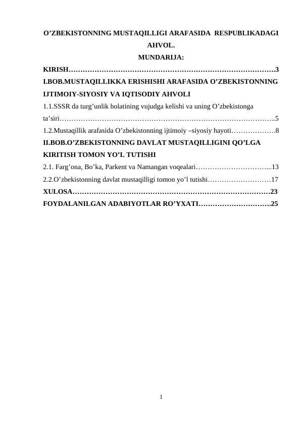 O’ZBEKISTONNING MUSTAQILLIGI ARAFASIDA  RESPUBLIKADAGI AHVOL