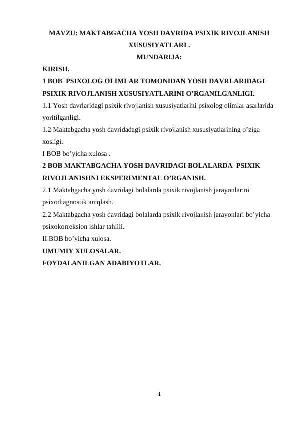 Maktabgacha yosh davrida psixik rivojlanish xususiyatlari