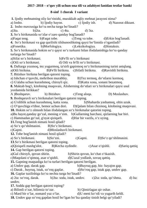 8-sinf ona tili fanidan  testlar banki