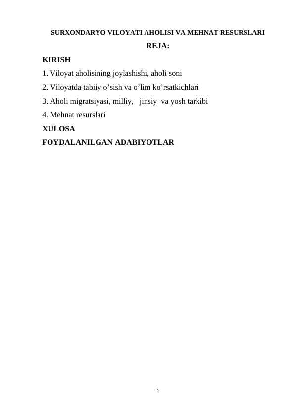“SURXONDARYO VILOYATI AHOLISI VA MEHNAT RESURSLARI”
