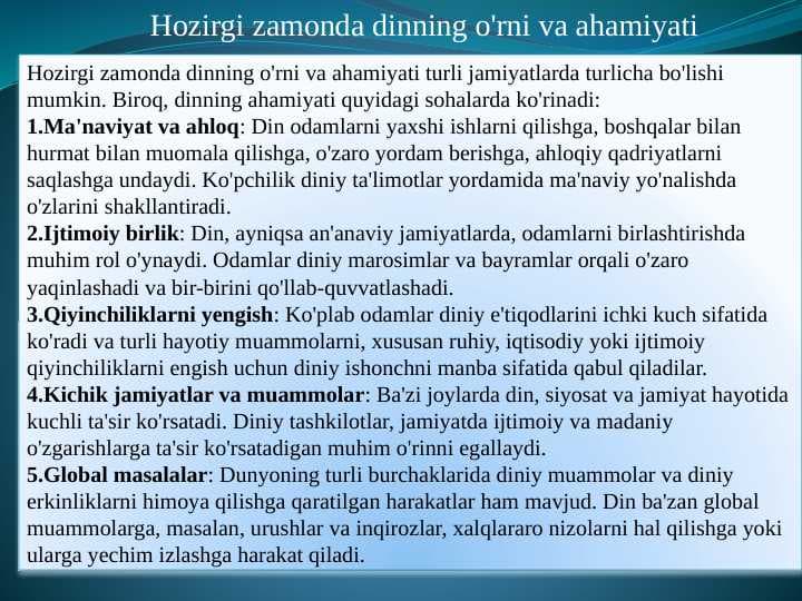 Hozirgi zamonda dinning o'rni va ahamiyati