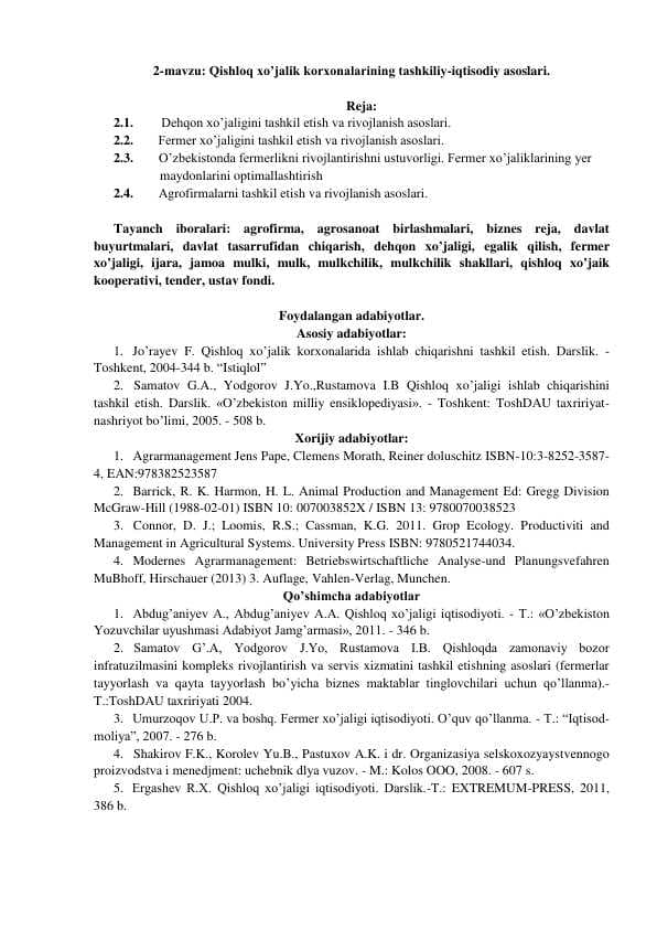 Qishloq xo’jalik korxonalarining tashkiliy-iqtisodiy asoslari.mavzusida bajarirlan mustaqil ish