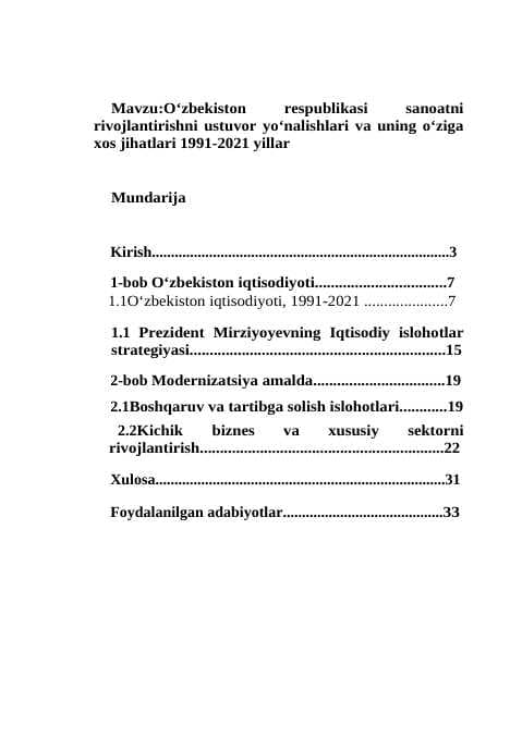 Oʻzbekiston respublikasi sanoatni rivojlantirishni ustuvor yoʻnalishlari va uning oʻziga xos jihatlari