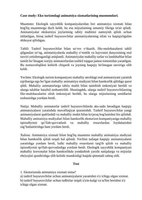 eko turizmdagi animatsiya xizmatlarining muommolari