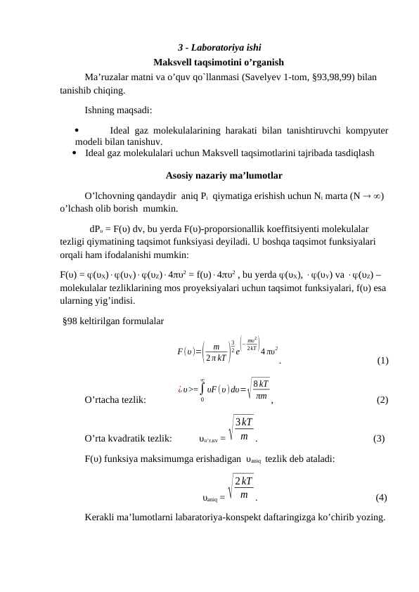 Laboratoriya ishi Maksvell taqsimotini o’rganish