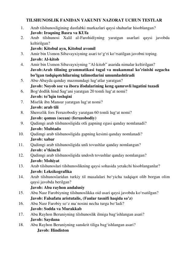 TILSHUNOSLIK FANIDAN YAKUNIY NAZORAT UCHUN TESTLAR