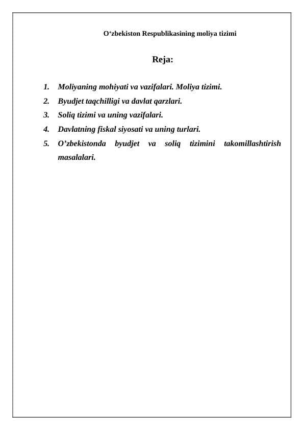 O‘zbekiston Respublikasining moliya tizimi
