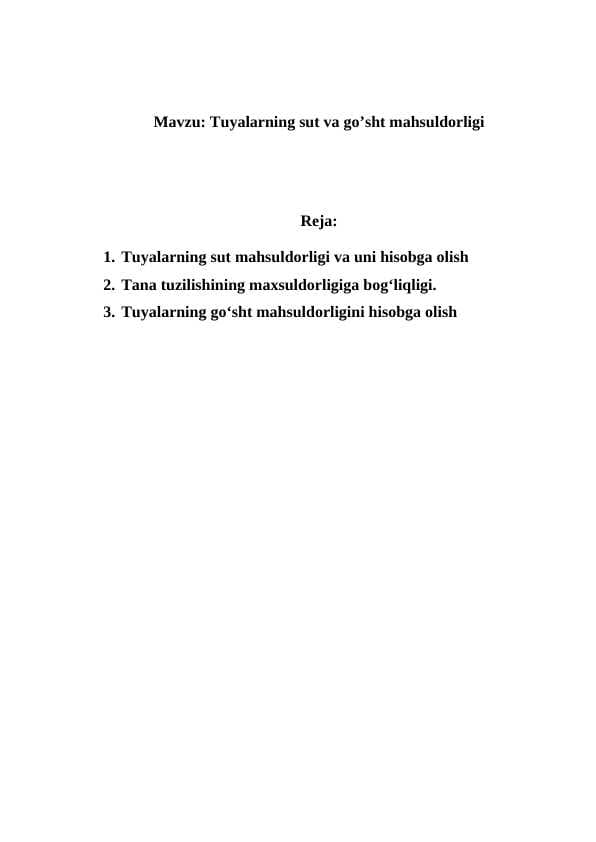 Tuyalarning sut va go’sht mahsuldorligi