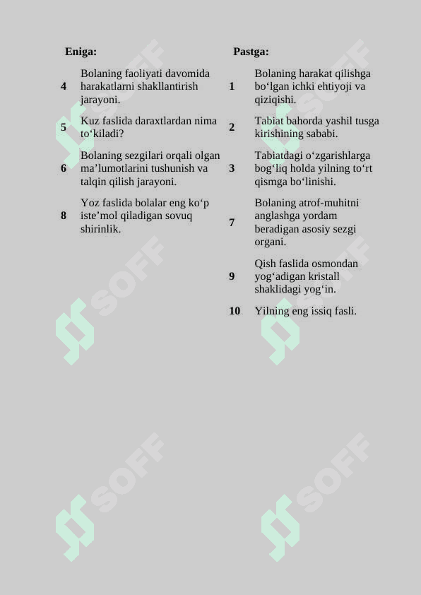 Bola rivojlanishida faoliyatning psixologik tuzilishi va opratsiyalarning rolli sensor-perseptiv sohada. Yil fasllari metodikasini o'tkazish (3 ta sinaluvchida) Krossvord