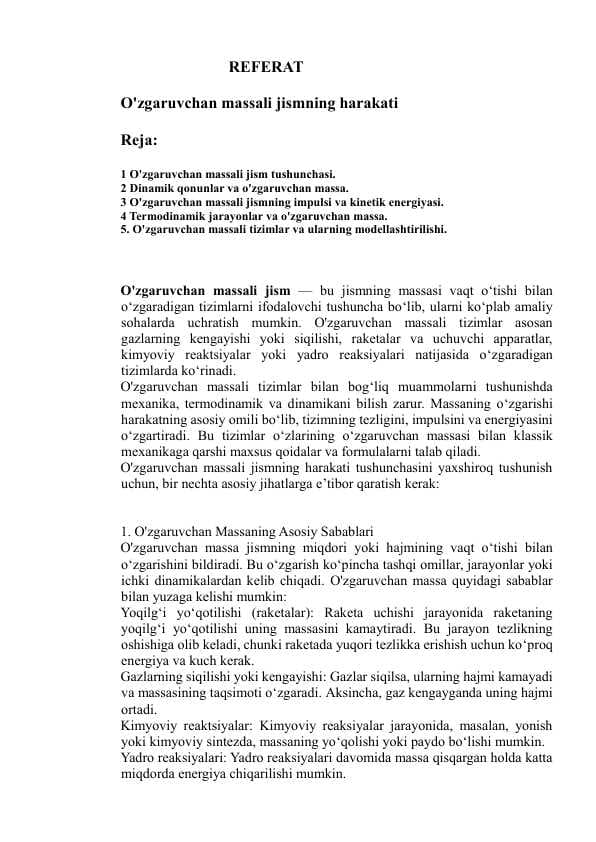 O'zgaruvchan massali jismning harakati Referat