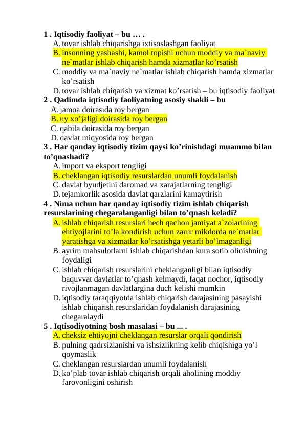 Iqtisodiyot nazariyasi yakuniy test savollari