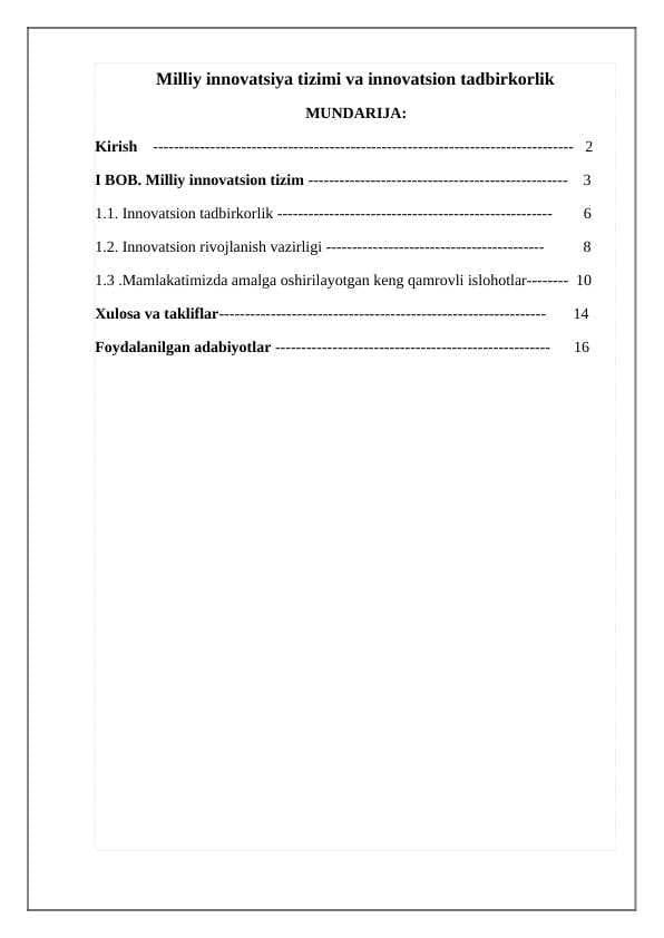 Milliy innovatsiya tizimi va innovatsion tadbirkorlik
