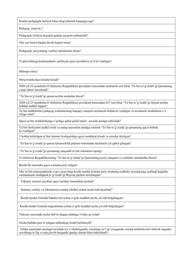 Pedagoglar uchun maxsus test