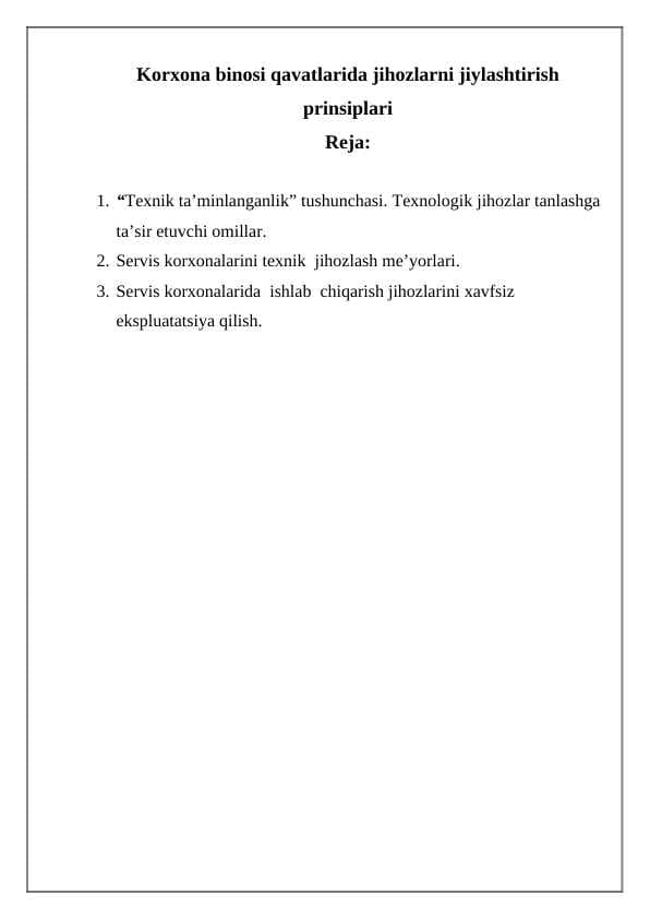 Korxona binosi qavatlarida jihozlarni joylashtirish
