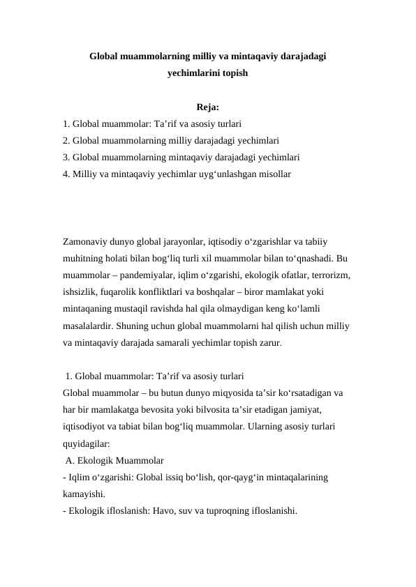 Global muammolarning milliy va mintaqaviy darajadagi yechimlarini topish