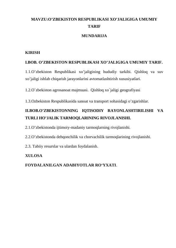 O’ZBEKISTON RESPUBLIKASI XO’JALIGIGA UMUMIY TARIF