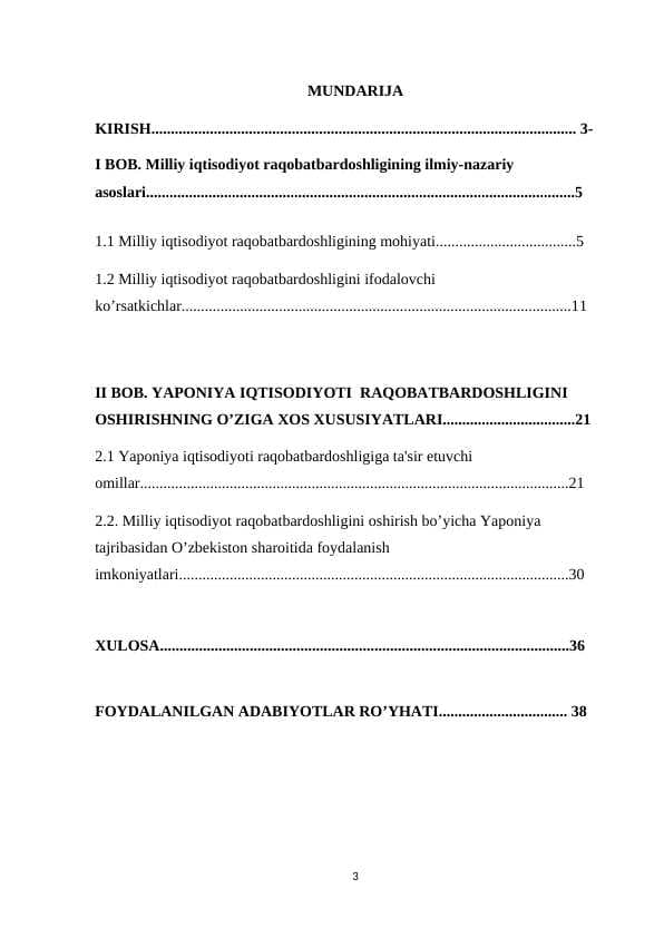 milliy iqtisodiyotning raqobotbardoshligi va uni oshirish yo'llari