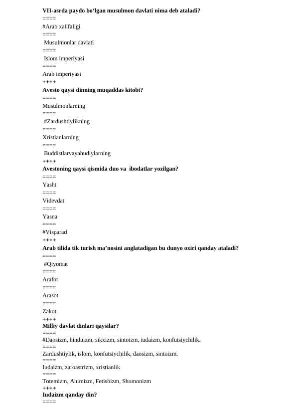 Dinshunoslik fanidan test