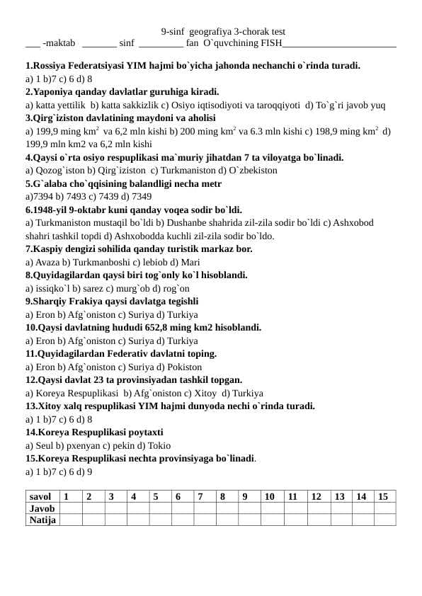 9-sinf 3-geografiya chorak test