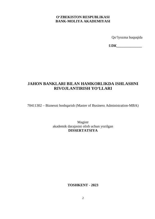 Jahon banklari bilan hamkorlikda ishlashni rivojlantirish yòllari