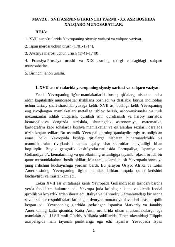 XVII ASRNING IKKINCHI YARMI - XX ASR BOSHIDA XALQARO MUNOSABATLAR