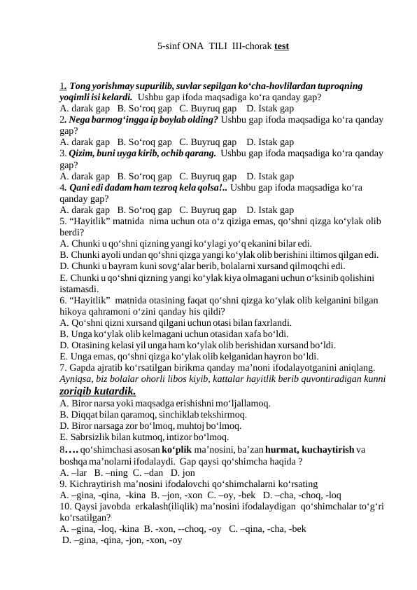 5-sinf   YANGI Ona tili 3-chorak testi