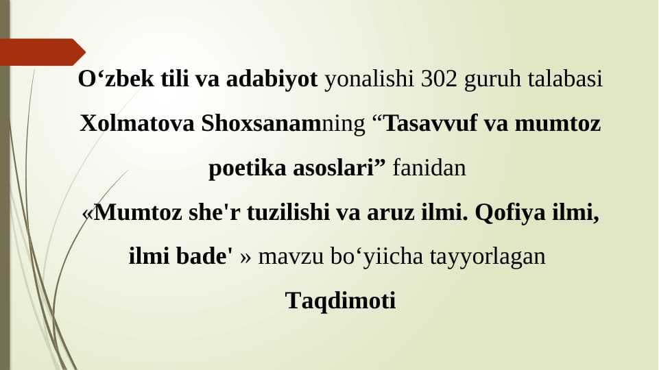 Mumtoz she'r tuzilishi va aruz ilmi. Qofiya ilmi, ilmi bade’