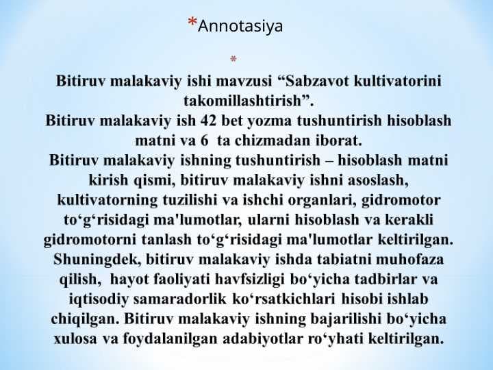 Sabzavot kultivatorini takomillashtirish