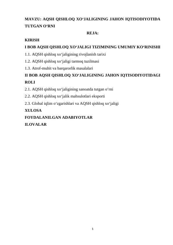 AQSH qishloq xoʻjaligining jahon iqtisodiyotida tutgan oʻrni