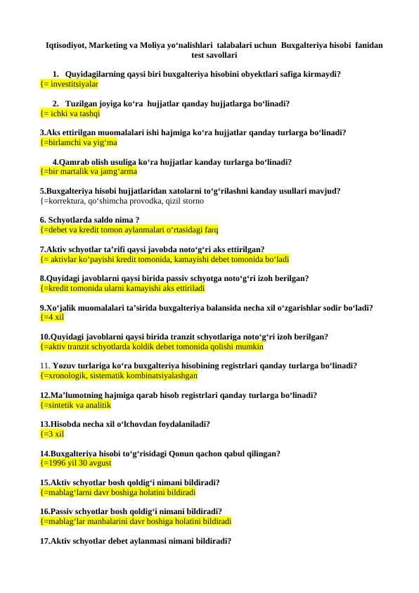 Buxgalteriya yakuniy savol-javob 400 talik