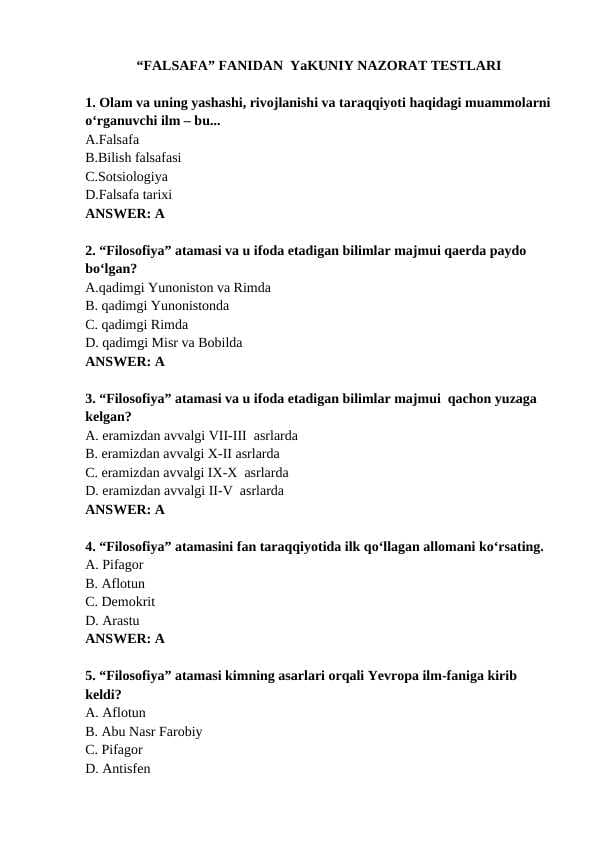 “FALSAFA” FANIDAN  YaKUNIY NAZORAT TESTLARI