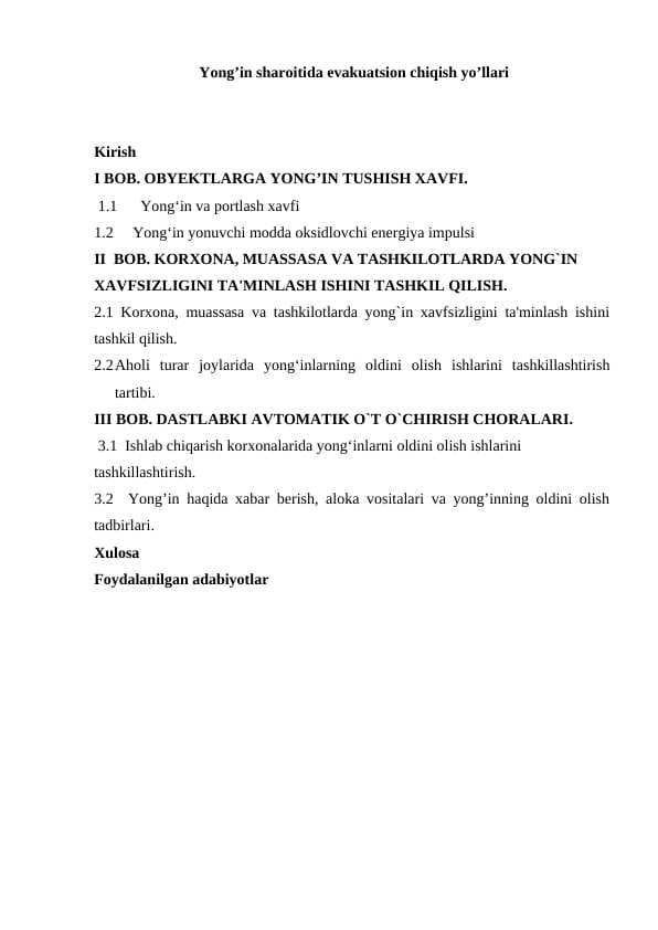 Yong’in sharoitida evakuatsion chiqish yo’llari