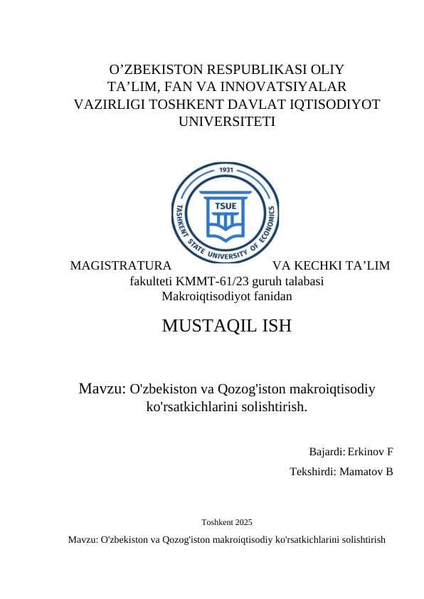 O'zbekiston va Qozog'iston makroiqtisodiy ko'rsatkichlarini solishtirish.