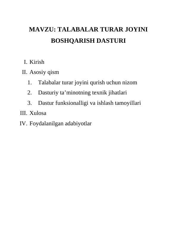 TALABALAR TURAR JOYINI BOSHQARISH DASTURI