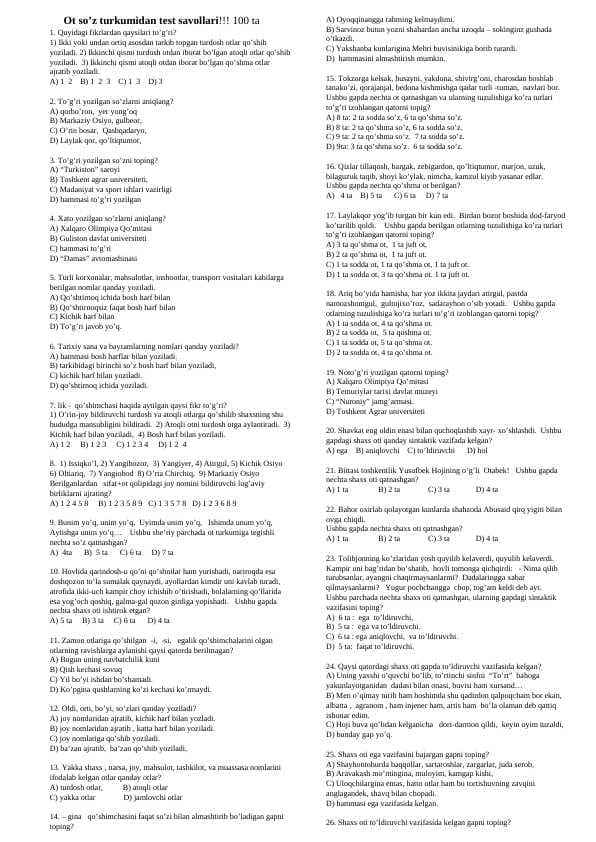 Ot so’z turkumidan test savollari
