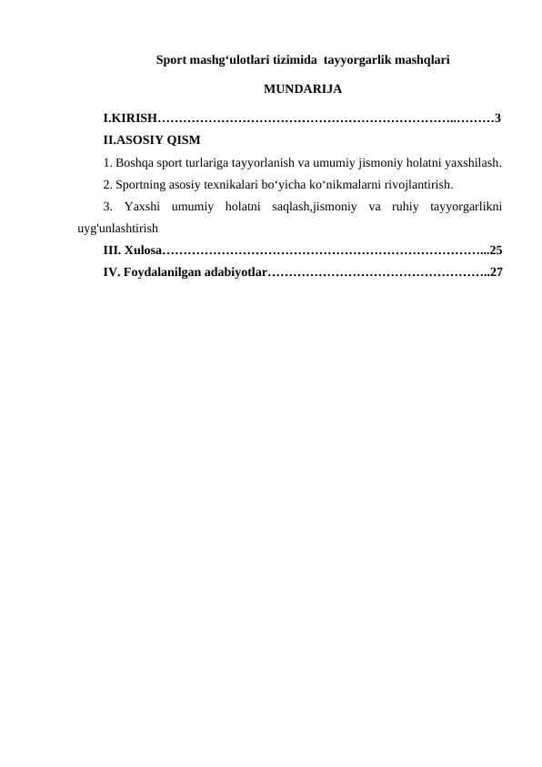 Sport mashg‘ulotlari tizimida  tayyorgarlik mashqlari