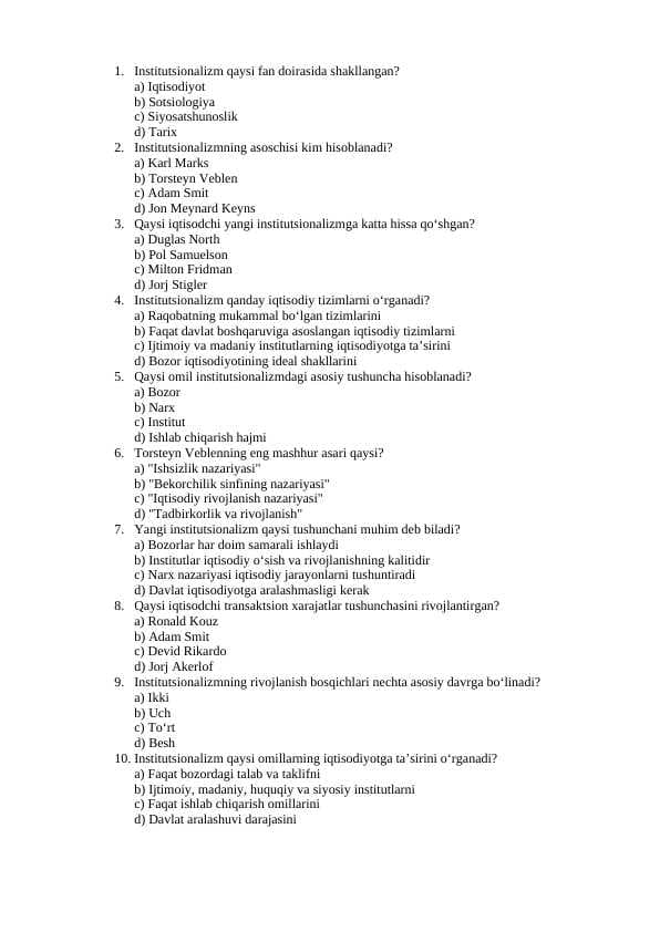 Institutsionalizmning asosiy xususiyatiari, evolyutsiyasi test