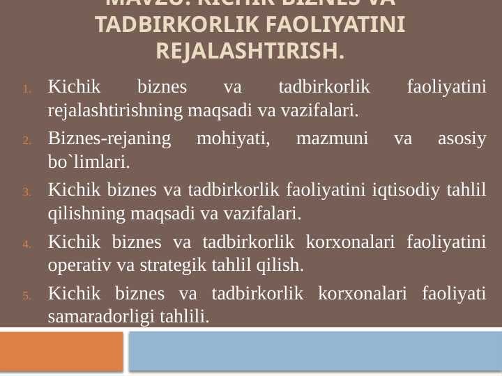 : Kichik biznes va tadbirkorlik faoliyatini rejalashtirish.